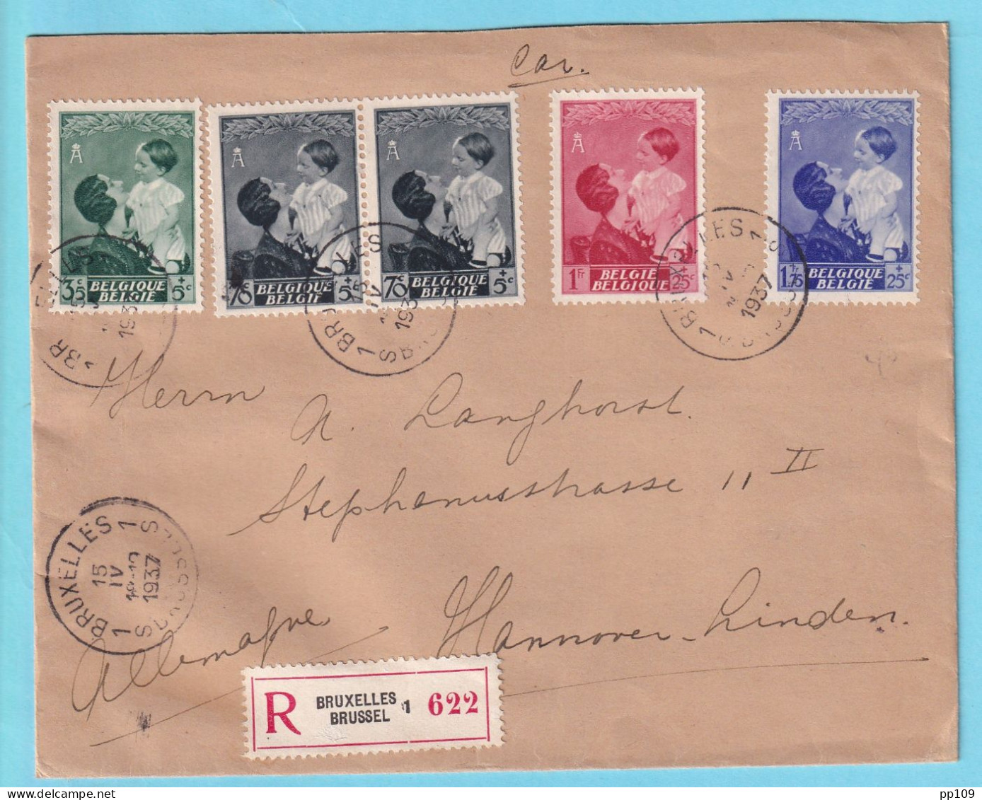 L Recommandé  TP ASTRID BAUDOUIN Obl 1er Jour 15 IV 1937 Vers Allemagne  - Covers & Documents