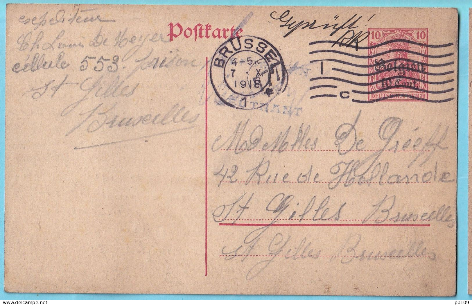 EP OC Obl 7 X 18 Bon Tarif Depuis 1 X 18 ! GEFORFERN LEUTNANT Geprüft Censurée Prison De Saint-Gilles  Rare  - Occupation Allemande