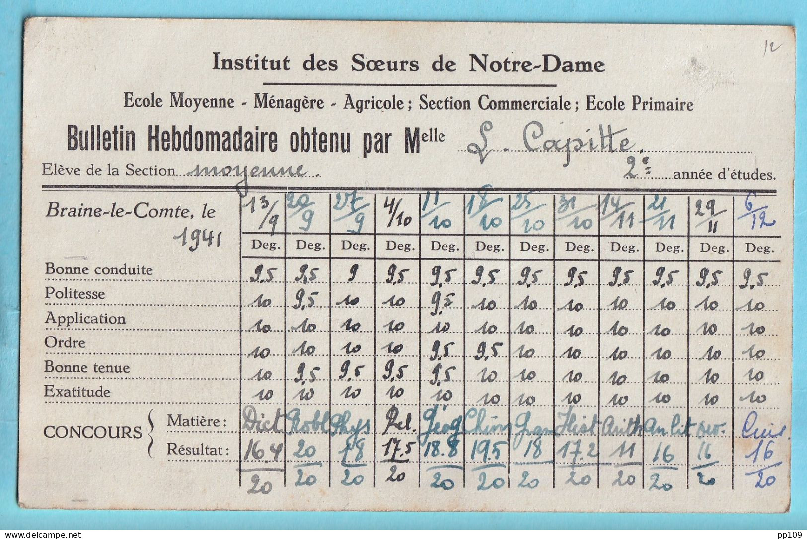 BRAINE LE COMTE Institut Des Sœurs De Notre Dame Bulletin1941  - Diplomas Y Calificaciones Escolares