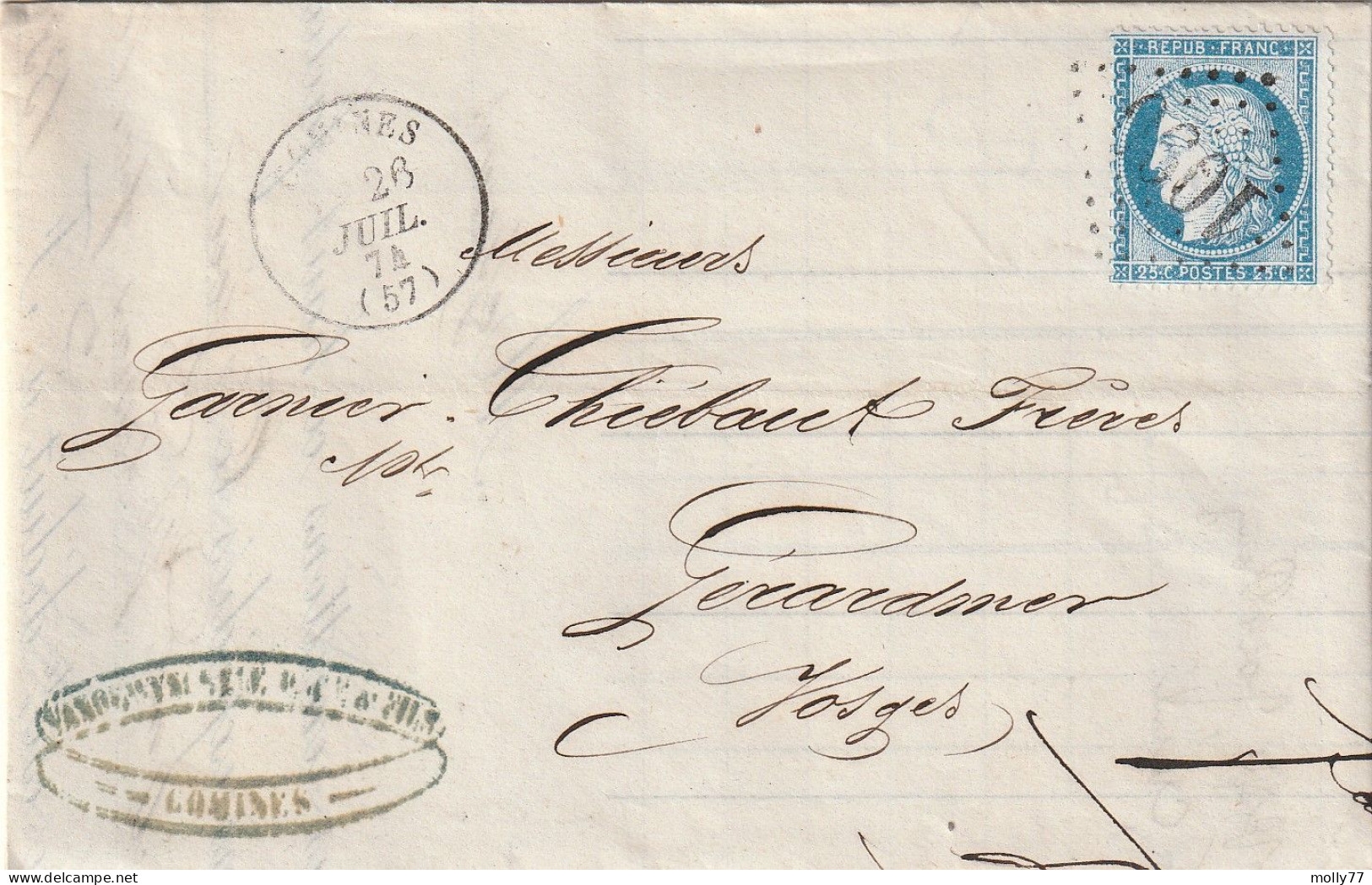 Lettre De Comines à Gérardmer LAC - 1849-1876: Klassieke Periode