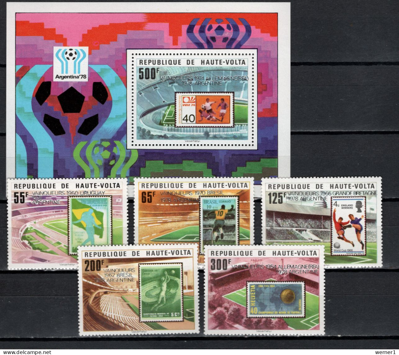 Burkina Faso (Upper Volta) 1979 Football Soccer World Cup Set Of 5 + S/s With Winners Overprint In Silver MNH - 1978 – Argentina