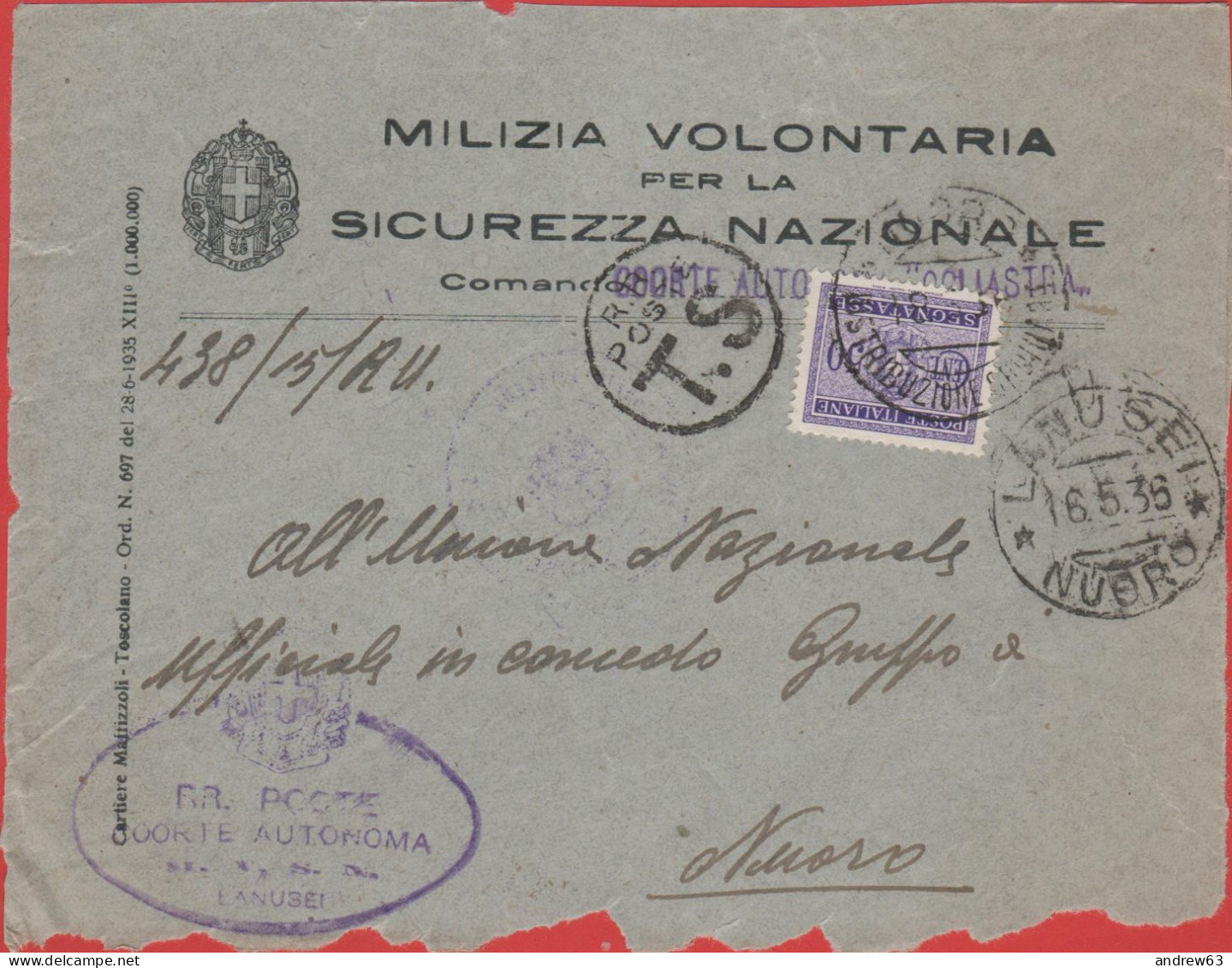 ITALIA - Storia Postale Regno - 1936 - 50c Segnatasse - Lettera Con Affrancatura A Carico Del Destinatario - Solo Fronte - Marcophilia