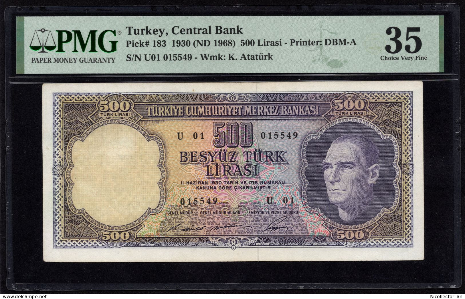 Turkey, 500 Lira, 1968, P-183, PMG 35 VF Banknote - Turkije