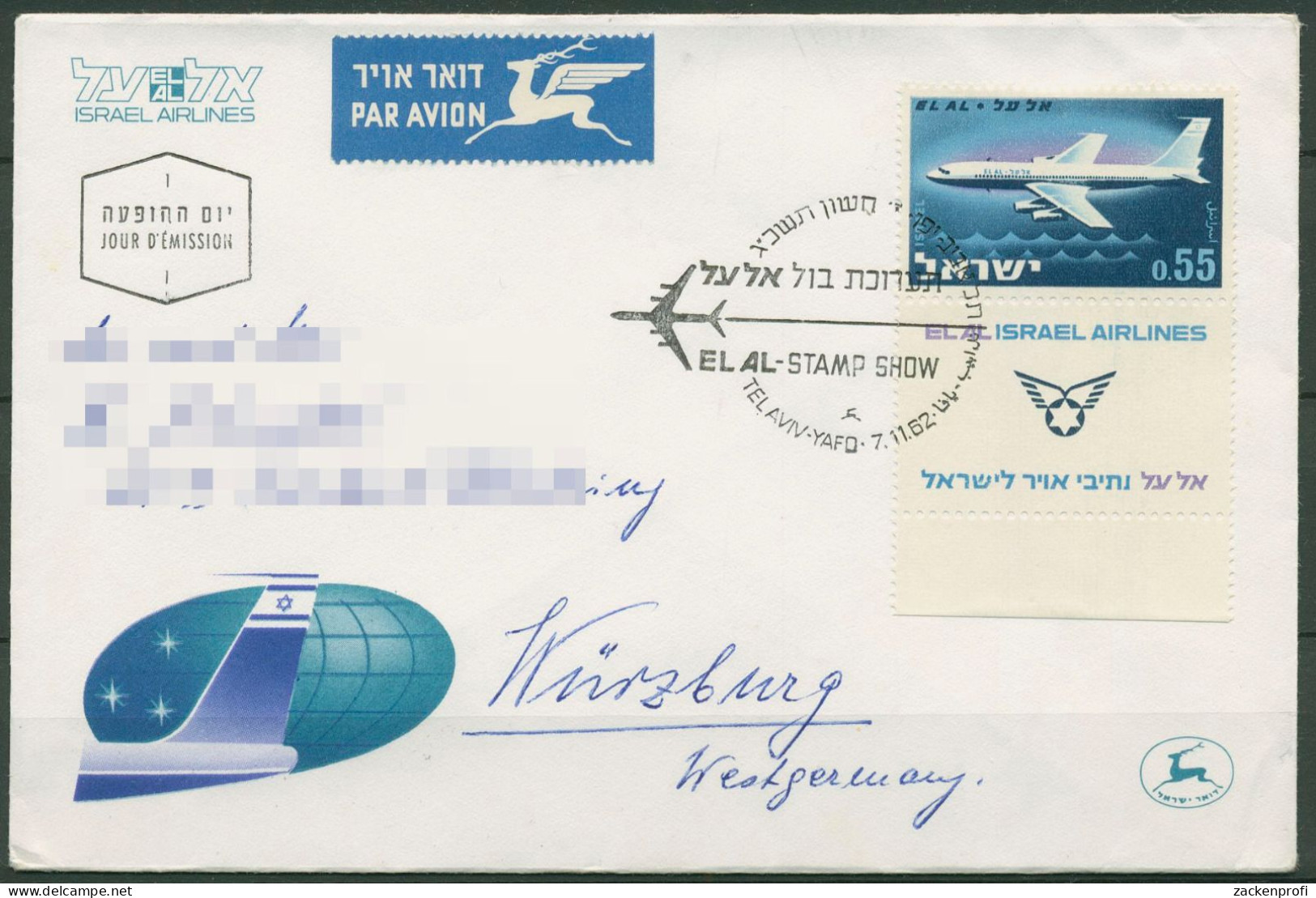 Israel 1962 Boing 707 Flugzeug 262 Mit Tab Ersttagsbrief FDC (X61297) - FDC