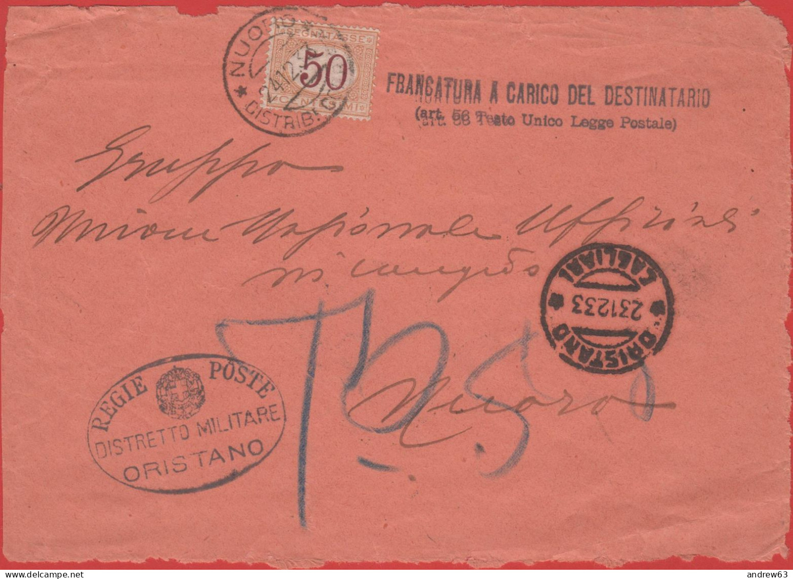 ITALIA - Storia Postale Regno - 1933 - 50c Segnatasse - Lettera Con Affrancatura A Carico Del Destinatario - Solo Fronte - Marcophilia