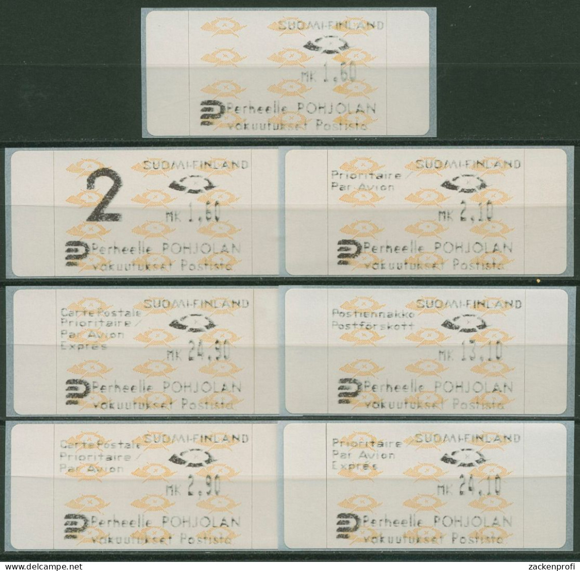 Finnland ATM 1992 Posthörner Zudrucksatz 7 Werte ATM 12.3 ZS 2 Postfrisch - Automatenmarken [ATM]