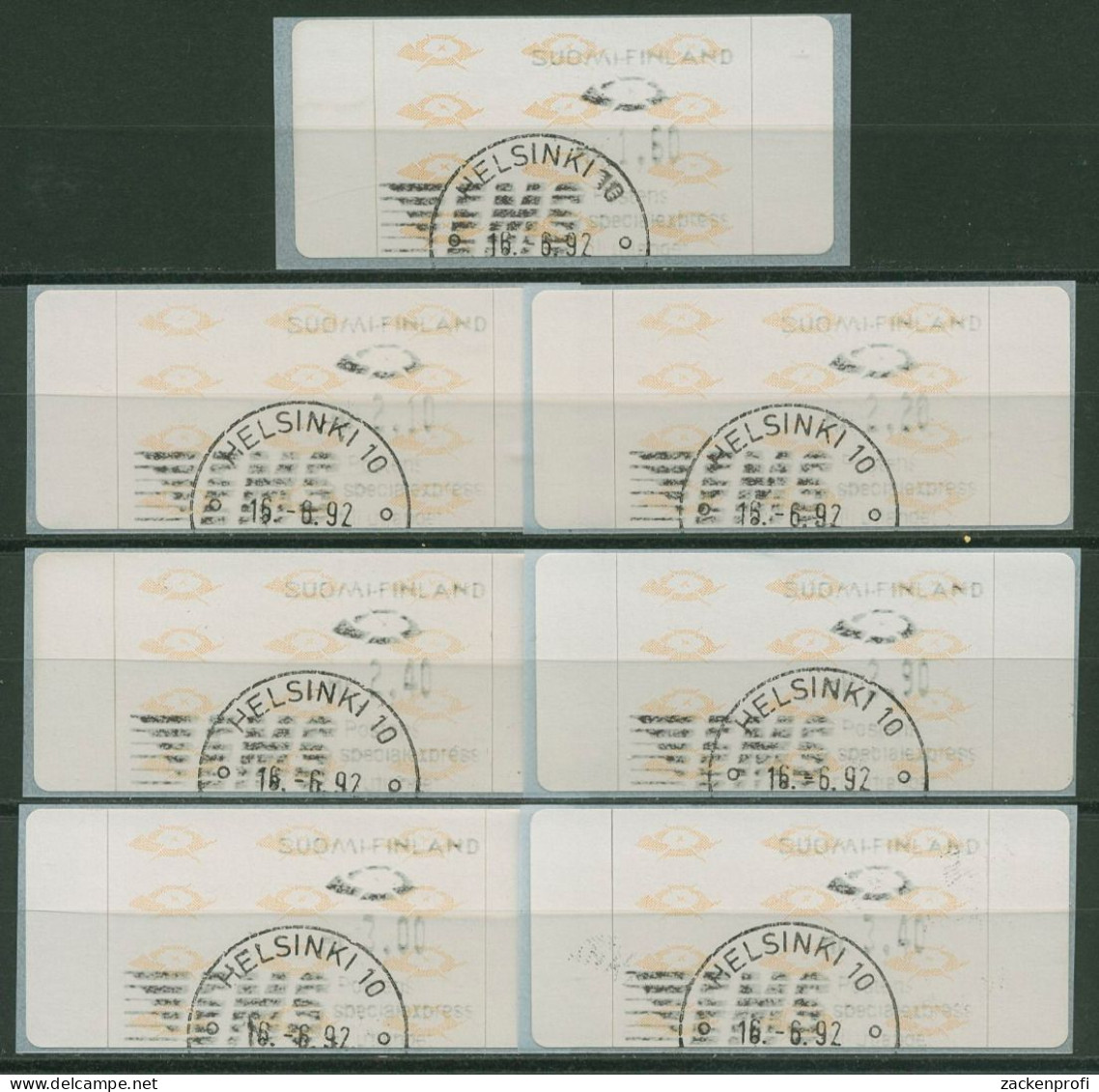Finnland Automatenmarken 1992 Posthörner Satz 7 Werte ATM 12.2 S 1 Gestempelt - Automaatzegels [ATM]