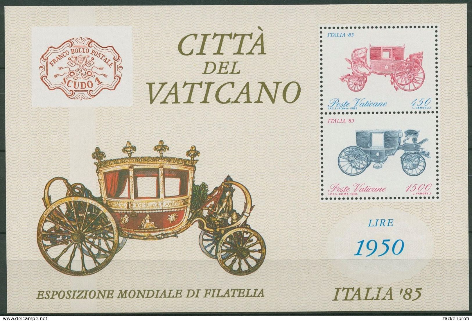 Vatikan 1985 ITALIA'85 Historische Fahrzeuge Block 8 Postfrisch (C91501) - Blocks & Kleinbögen