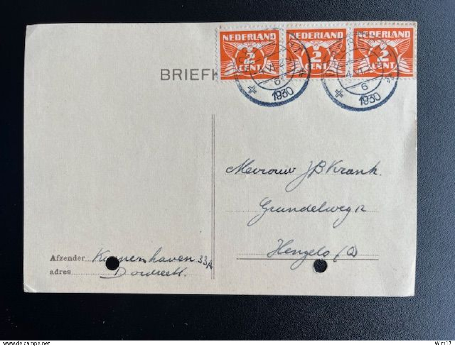 NETHERLANDS 1930 POSTCARD DORDRECHT TO HENGELO (OV) 04-06-1930 NEDERLAND - Covers & Documents