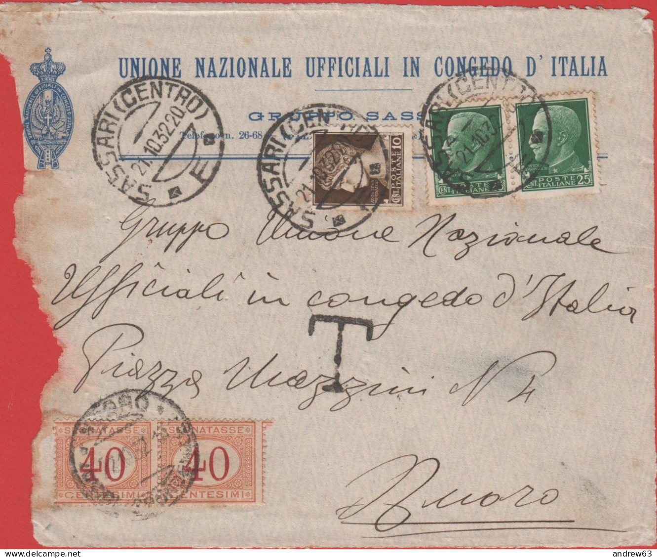ITALIA - Storia Postale Regno - 1932 - 10 + 2x 25c Imperiale + 2x 40c Segnatasse - Lettera Tassata - Solo Frontespizio - - Marcofilía