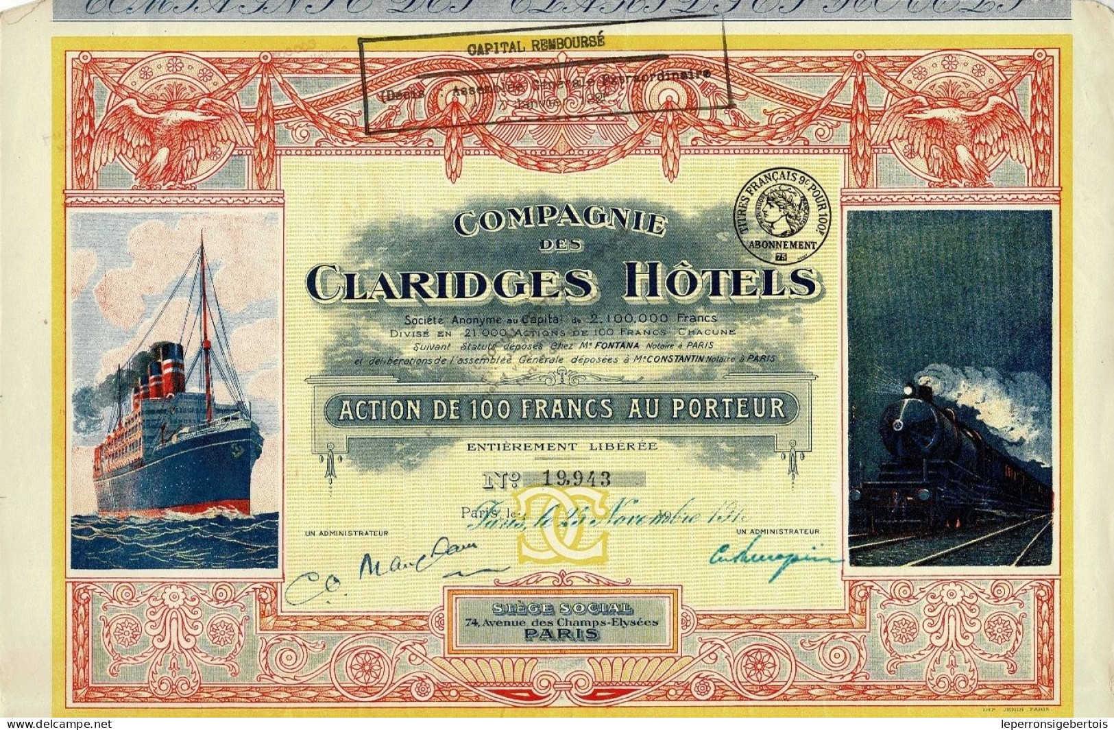 - Titre De 1919 - Compagnie Des Claridges Hôtels - Déco VF - Toerisme