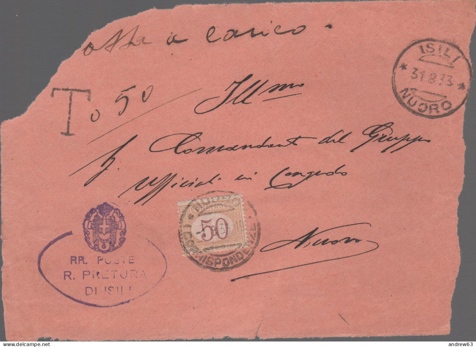ITALIA - Storia Postale Regno - 1933 - 50c Segnatasse - Lettera Con Affrancatura A Carico Del Destinatario - Solo Fronte - Marcofilie