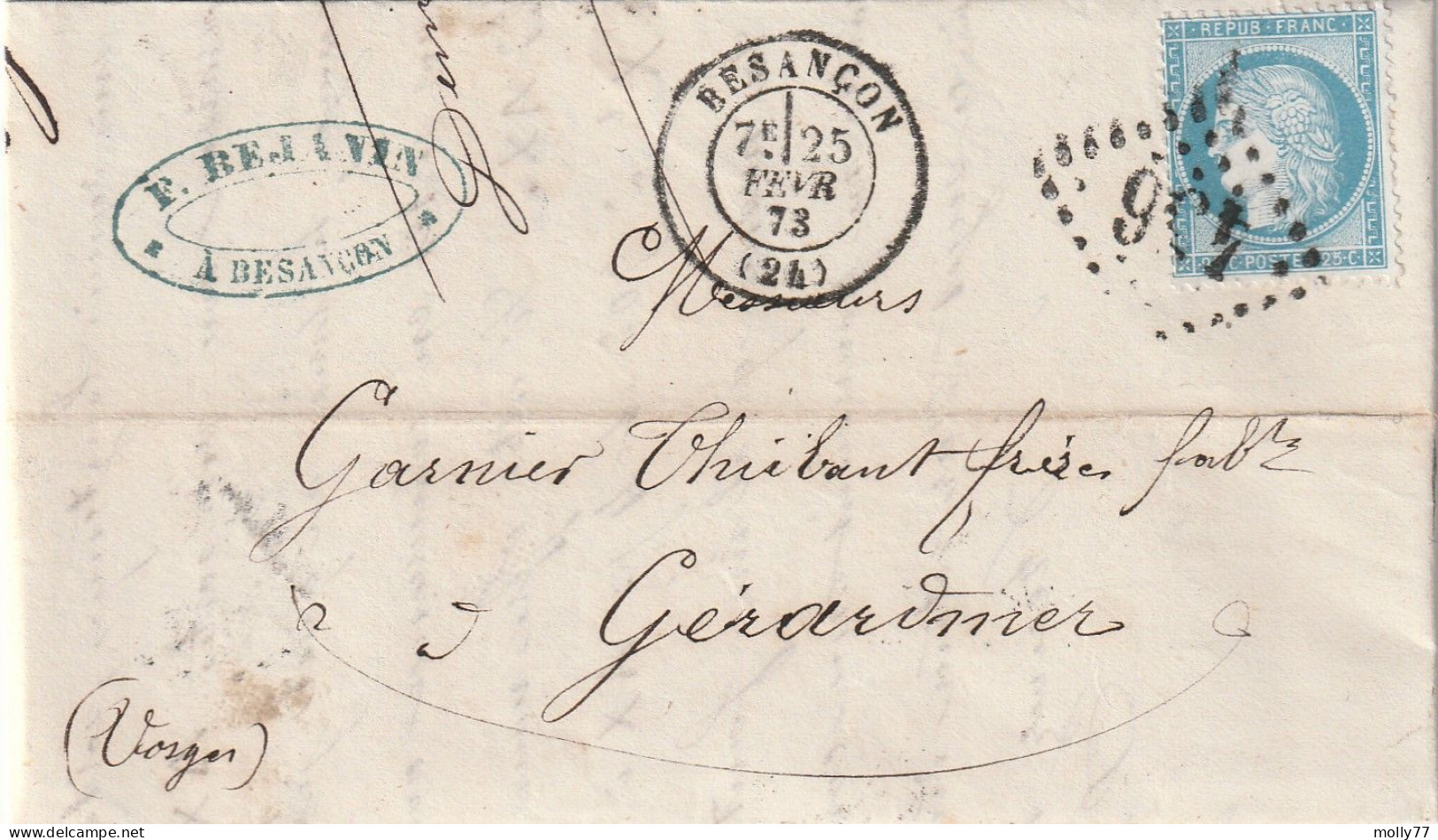 Lettre De Besançon à Gérardmer LAC - 1849-1876: Klassik