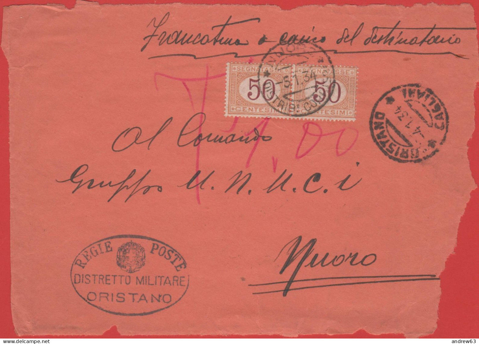 ITALIA - Storia Postale Regno - 1934 - 2x 50c Segnatasse - Lettera Con Affrancatura A Carico Del Destinatario - Solo Fro - Marcofilía