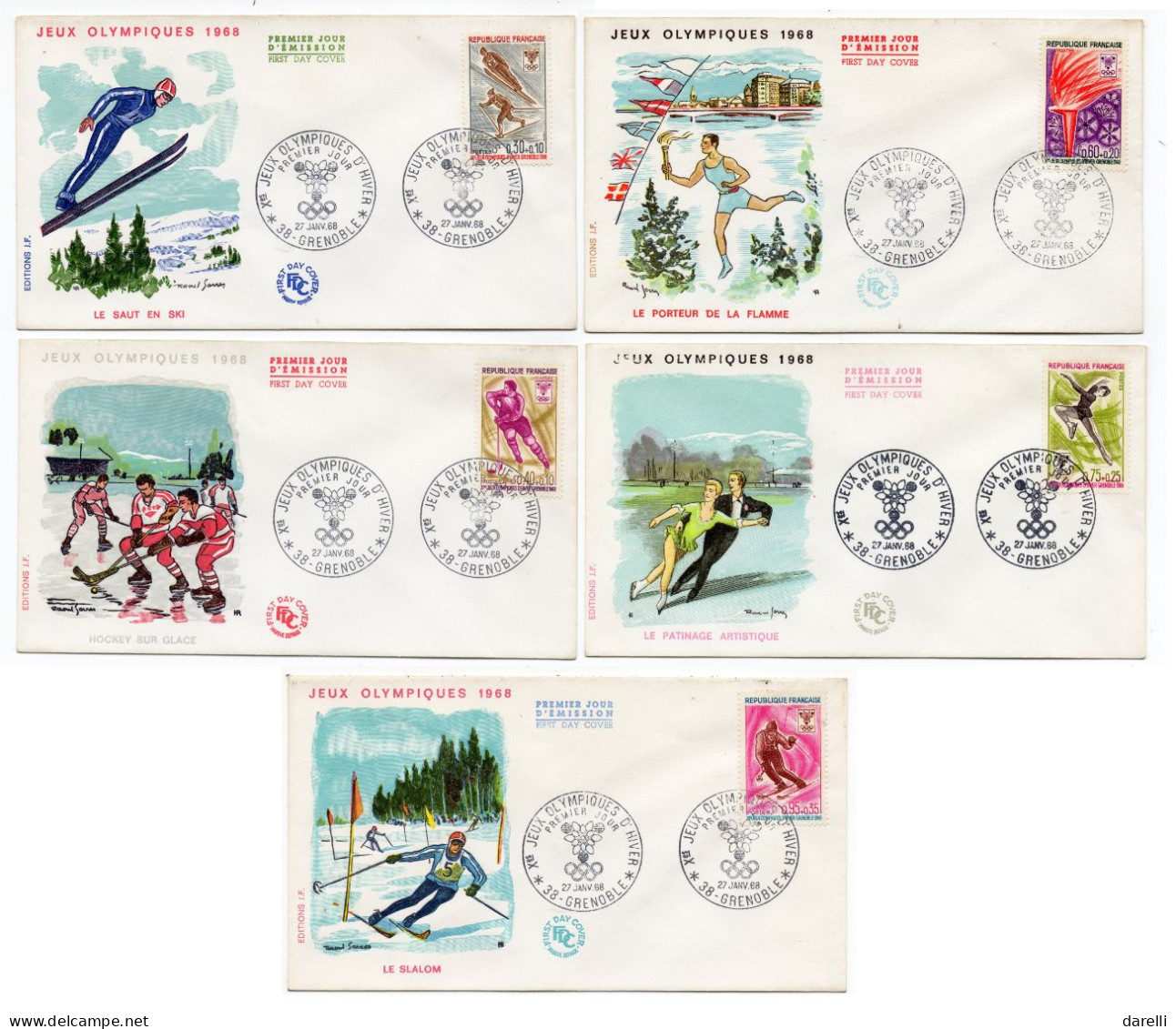 FDC France 1968 - Jeux Olympiques D'hiver Grenoble - YT De 1543 à 1547 Ski, Hockey, Flamme Olympique, Patinage - 1960-1969