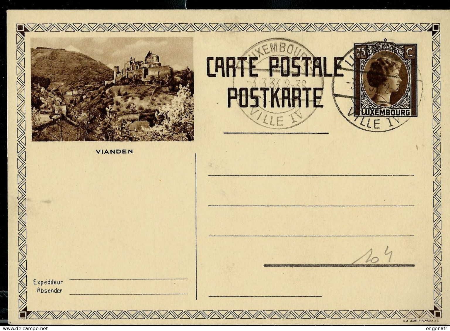 Carte Illustrée N° 104. Vue VIANDEN  - Obl. LUXEMBOURG  03/03/1933 - Entiers Postaux