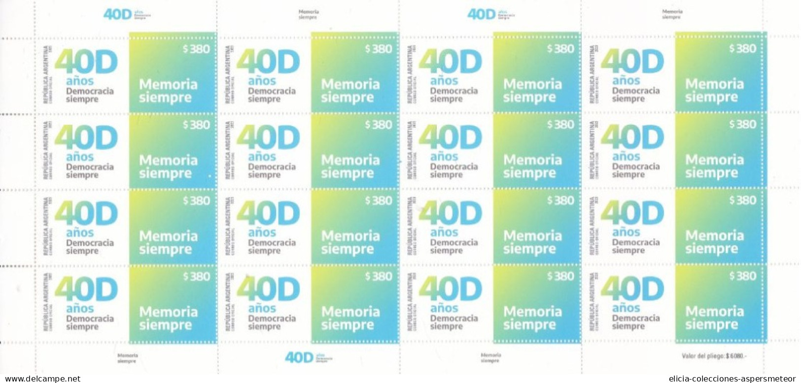 Argentina - 2023 - 40 Years Of Democracy - Democracy And Memory Always  - Full Sheet - MNH - Ongebruikt