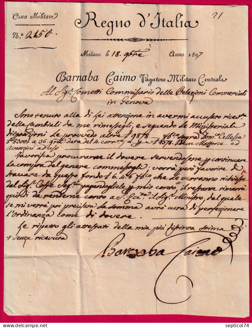 MARQUE MILANO SERVICIO MILITARE REGNO DE ITALIA GENOVA 1807 CASSA MILTARE LETTRE - 1. ...-1850 Vorphilatelie