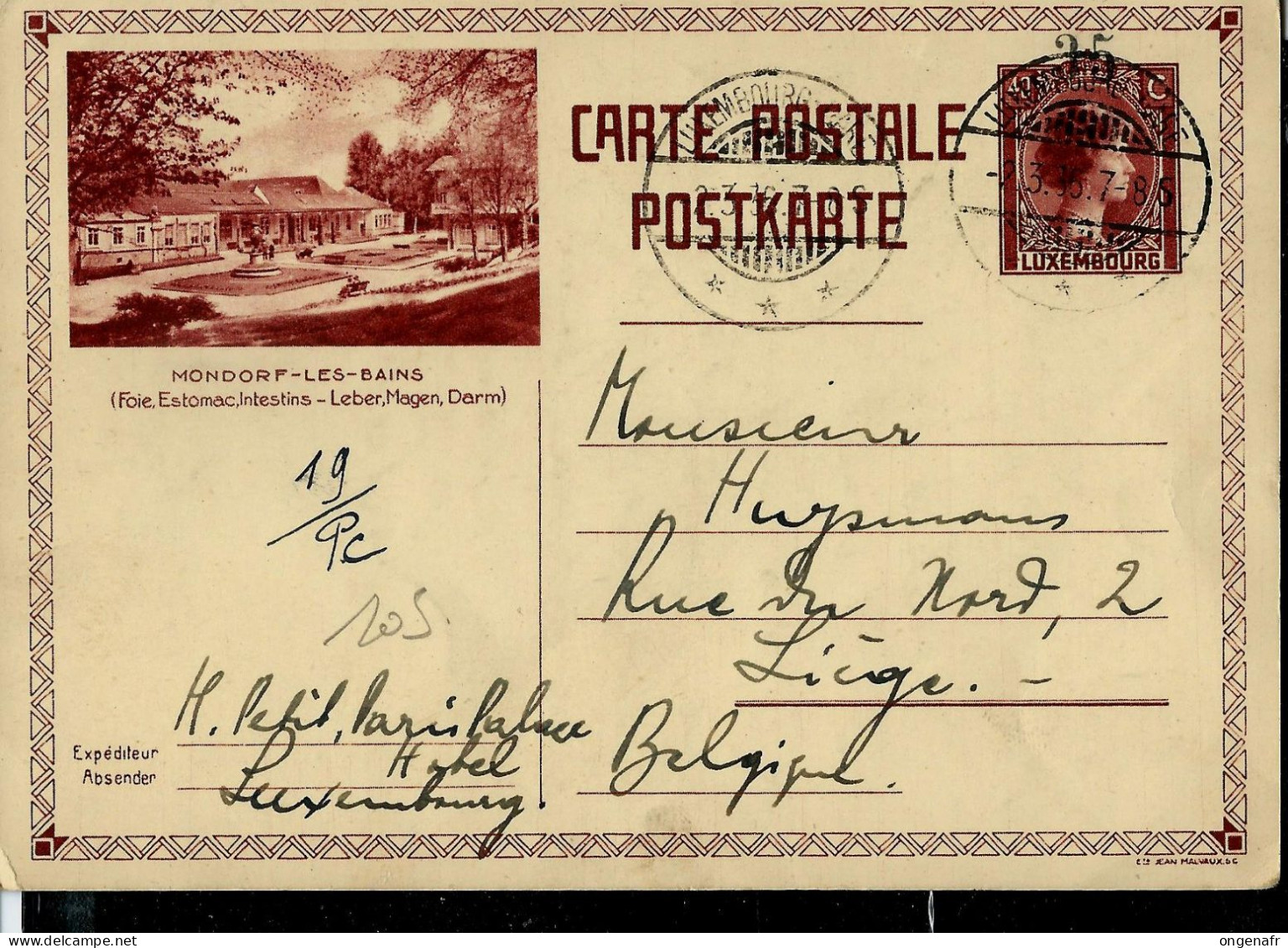 Carte Illustrée N° 105. Vue: MONDORF-LES-BAINS - Obl. Luxembourg-Ville 02/03/1936 - Stamped Stationery