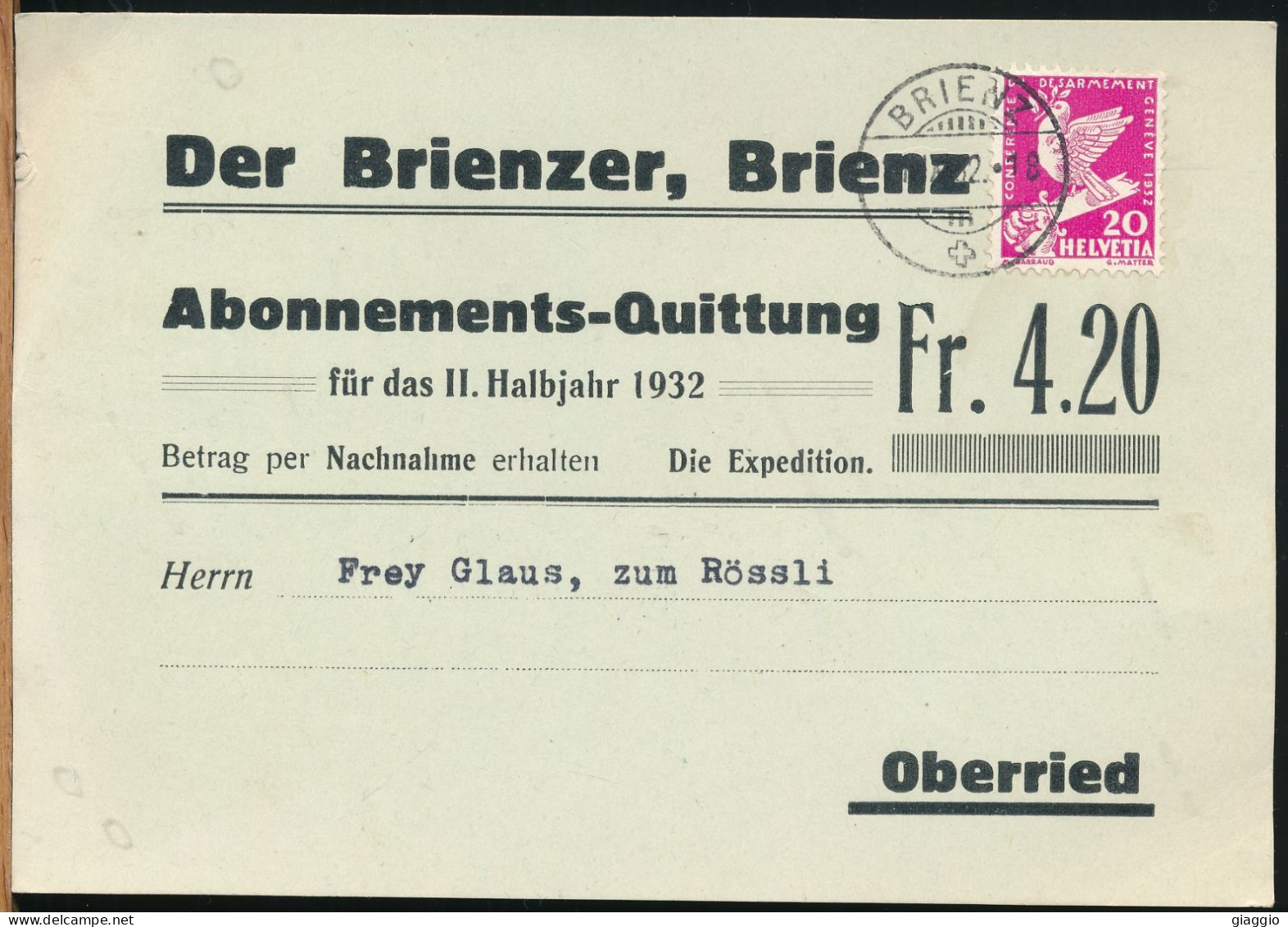 °°° 30916 - SWITZERLAND - BE - BRIENZ - ABONNEMENTS - 1932 °°° - Brienz