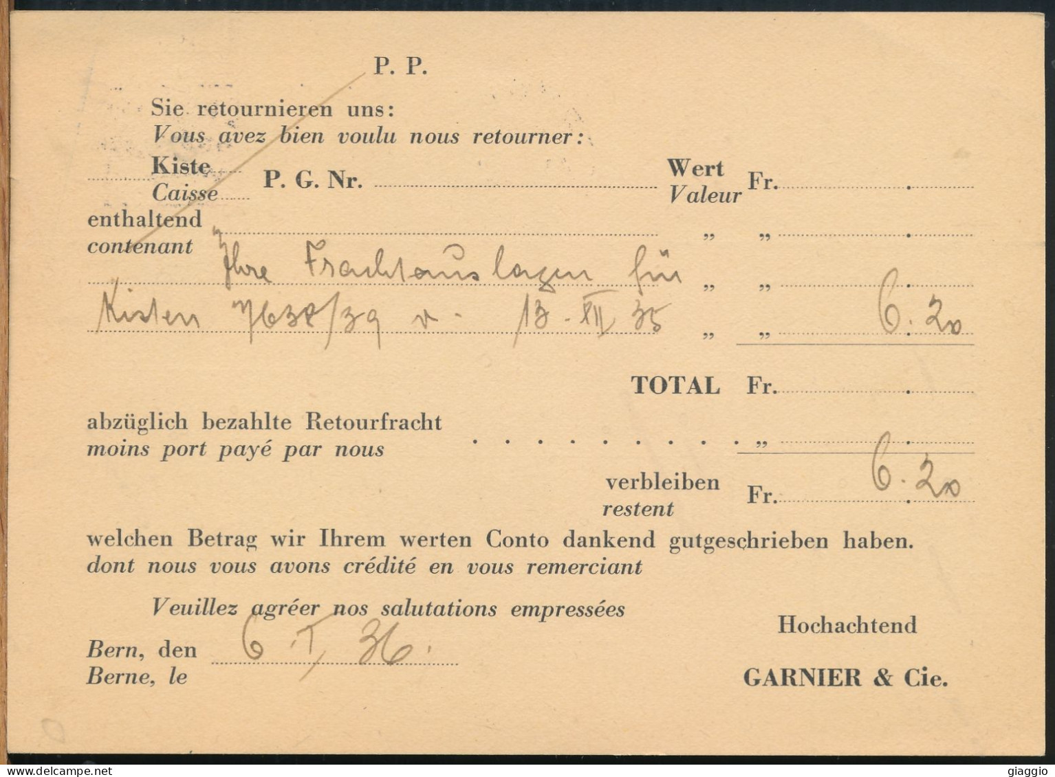 °°° 30917 - SWITZERLAND - BE - BERN - LIQUEURHANDLUNG GARNIER & C. - 1936 °°° - Berne