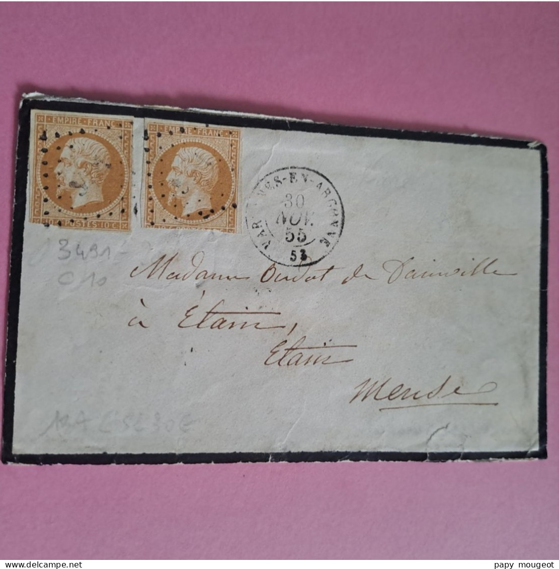 N°13A 10 C. Brun Clair X 2 Touchés En Bas Cote 2024 Sur Lettre 60€ PC 3491 Varennes En Argonne Cote 2024 10€ Pour Etain - 1853-1860 Napoléon III