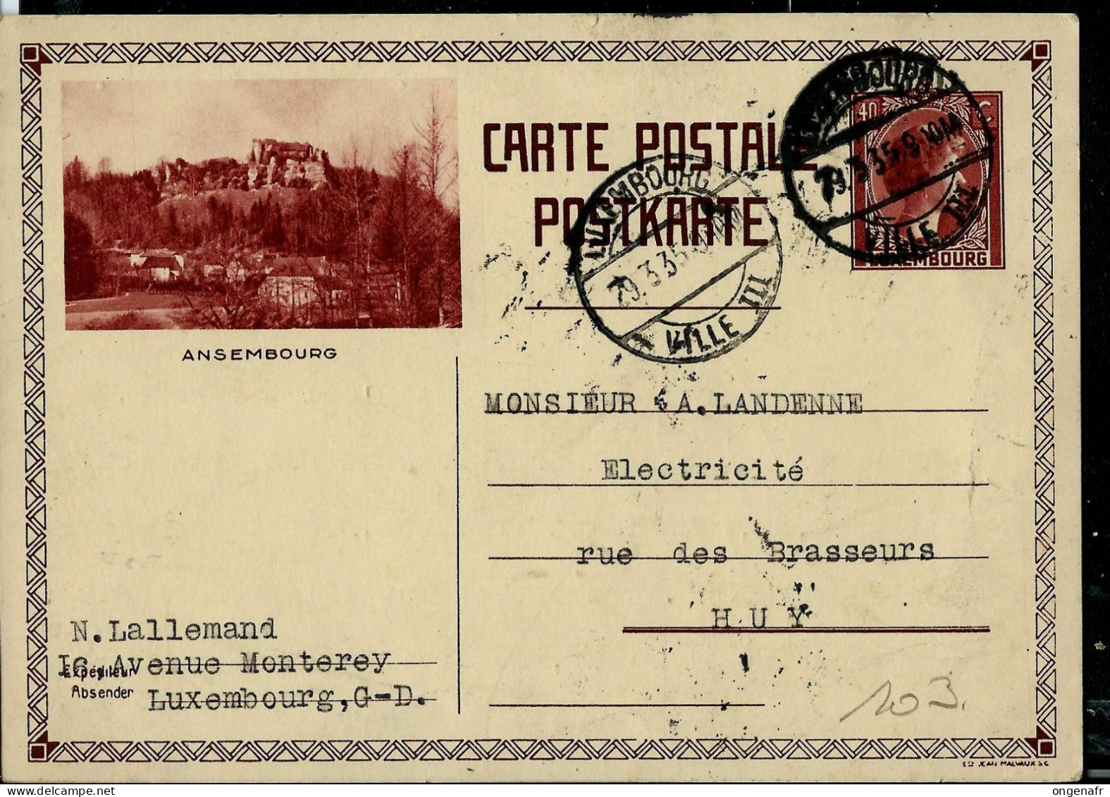 Carte Illustrée N° 103. Vue:  ANSEMBOURG -- Obl. Luxembourg - Ville III - 29/03/1935 - Postwaardestukken