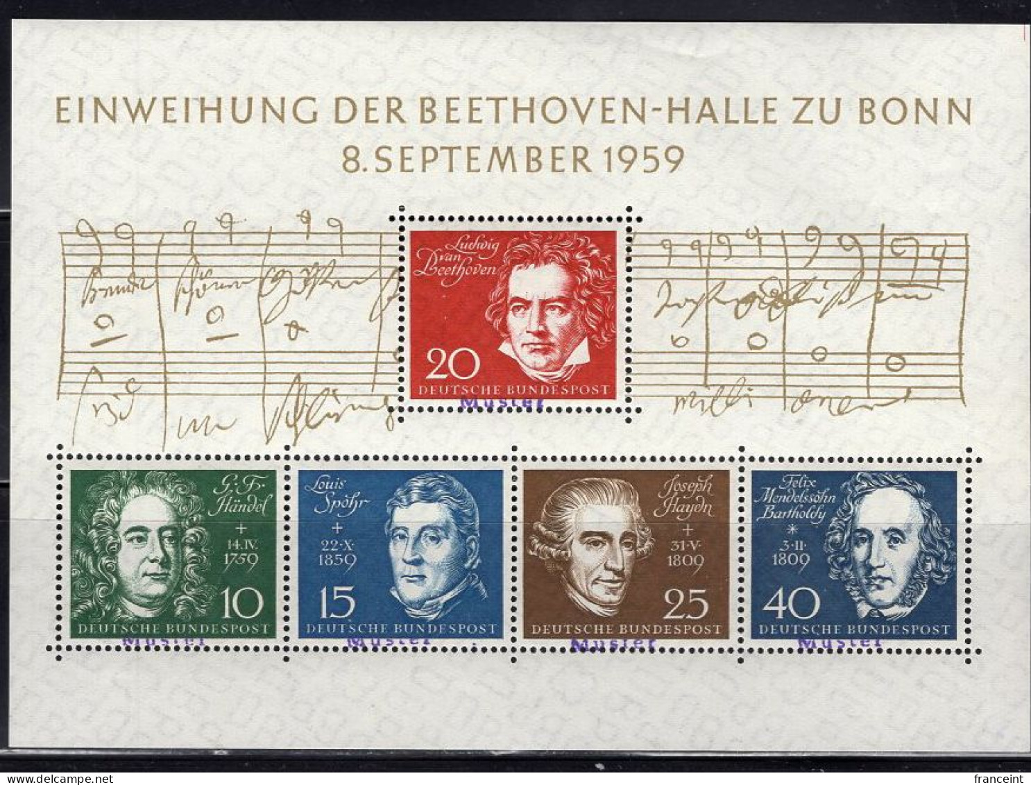 GERMANY(1959) Beethoven. Handel. Spohr. Haydn. Mendelssohn. Souvenir Sheet Of 5 With MUSTER (specimen) Overprint. Openin - Sonstige & Ohne Zuordnung