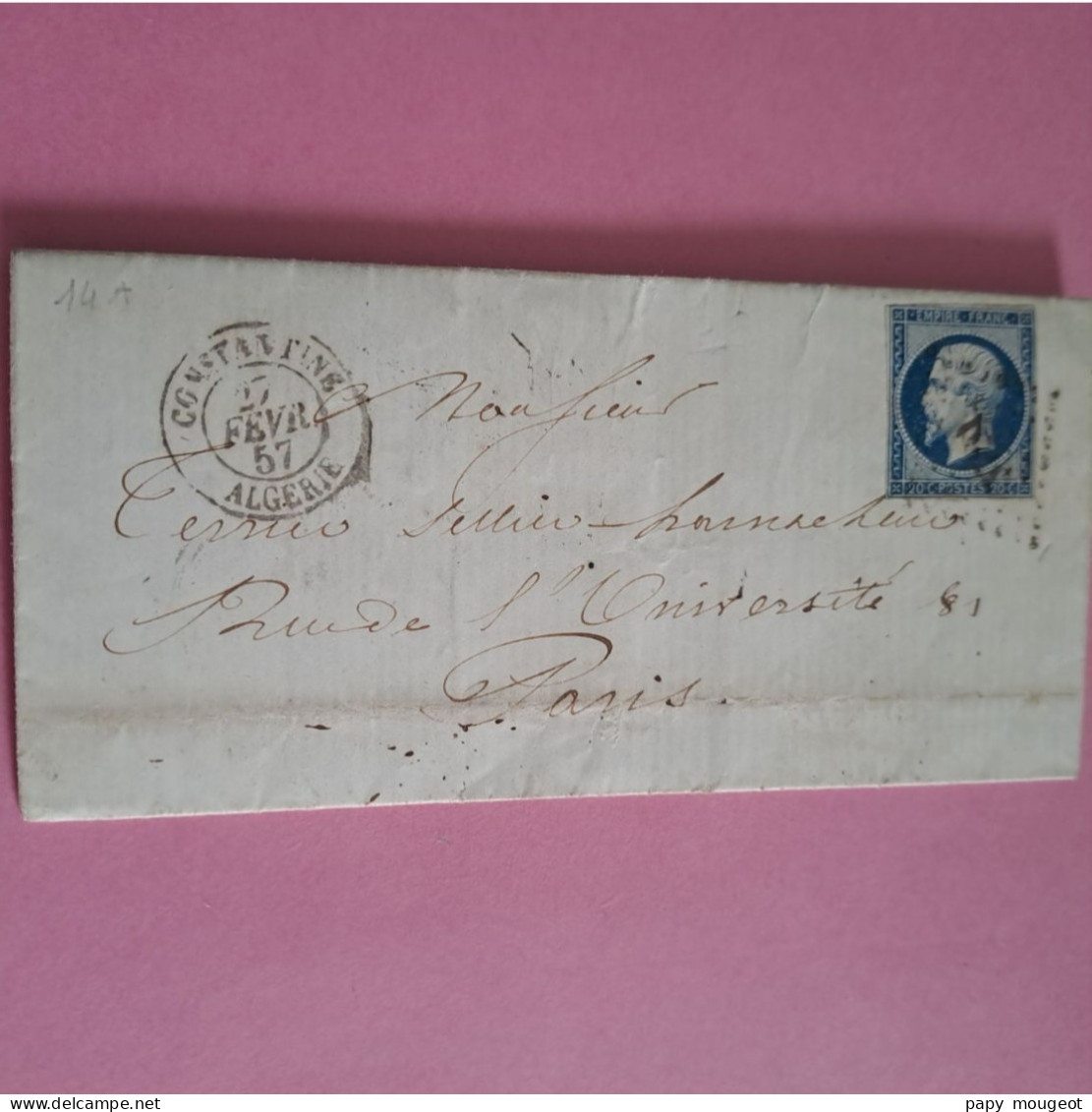 N°14Aa 20 C. Bleu Foncé Cote Sur Lettre 2024 20€ Lettre De Constantine Pour Paris 27-02-1857 - 1853-1860 Napoléon III