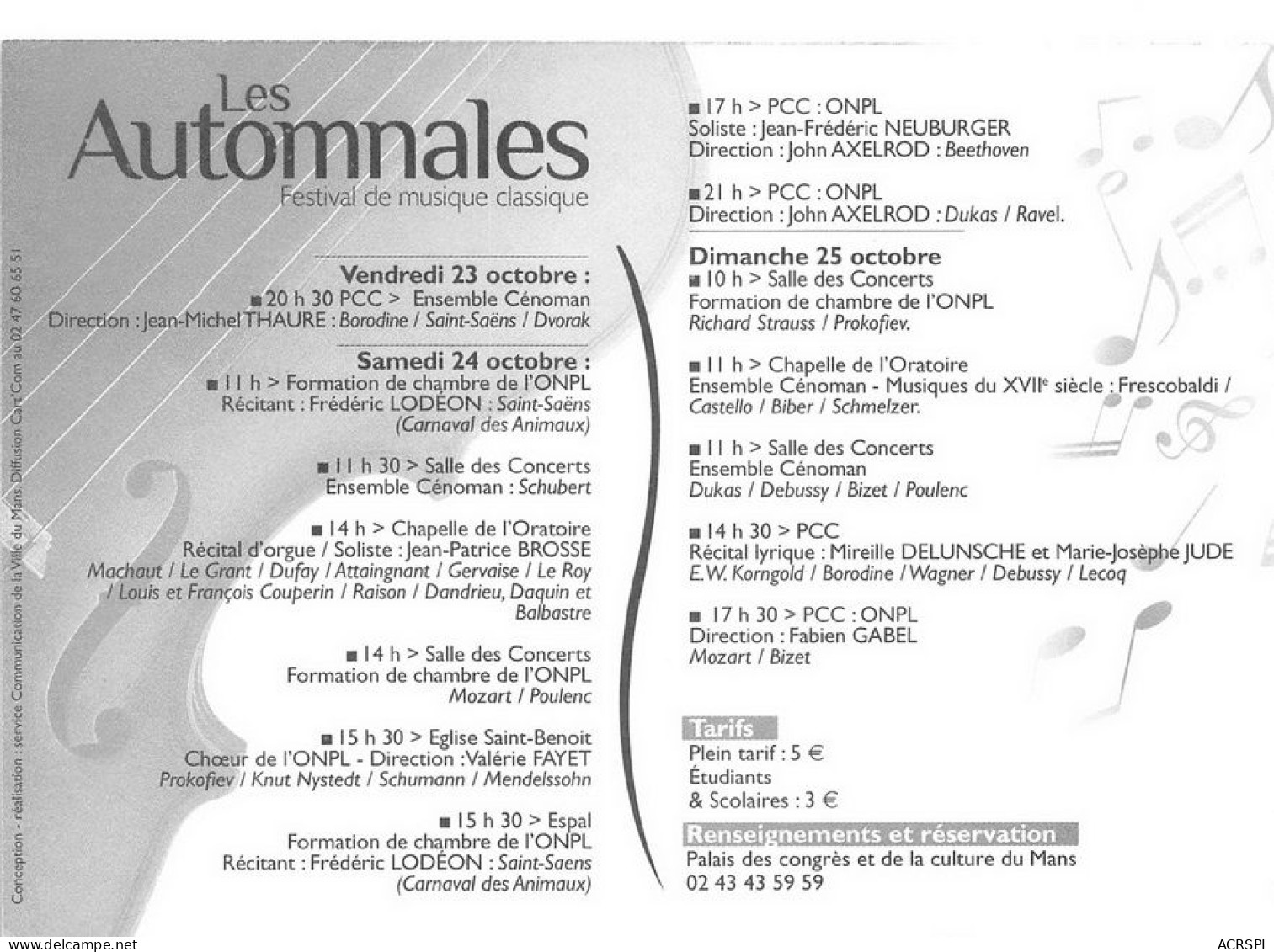 72 LE MANS Les Automnales Festival De Musique Clasique PUB Publicité  (Scan R/V) N°   44   \MT9118 - Le Mans