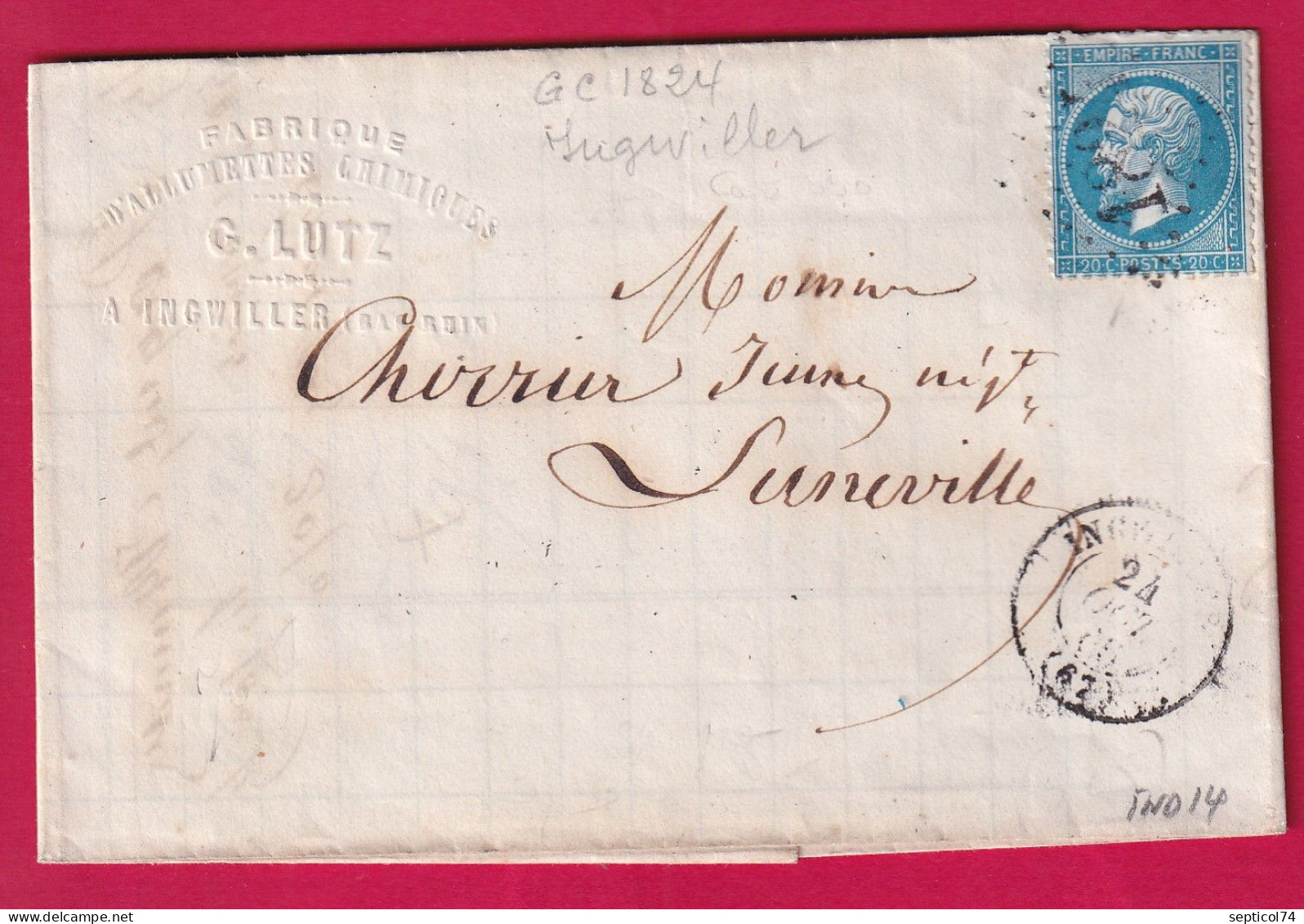 N°22 GC 1824 INGVILLER BAS RHIN POUR LUNEVILLE MEURTHE ET MOSELLE INDICE 14 LETTRE - 1849-1876: Klassieke Periode