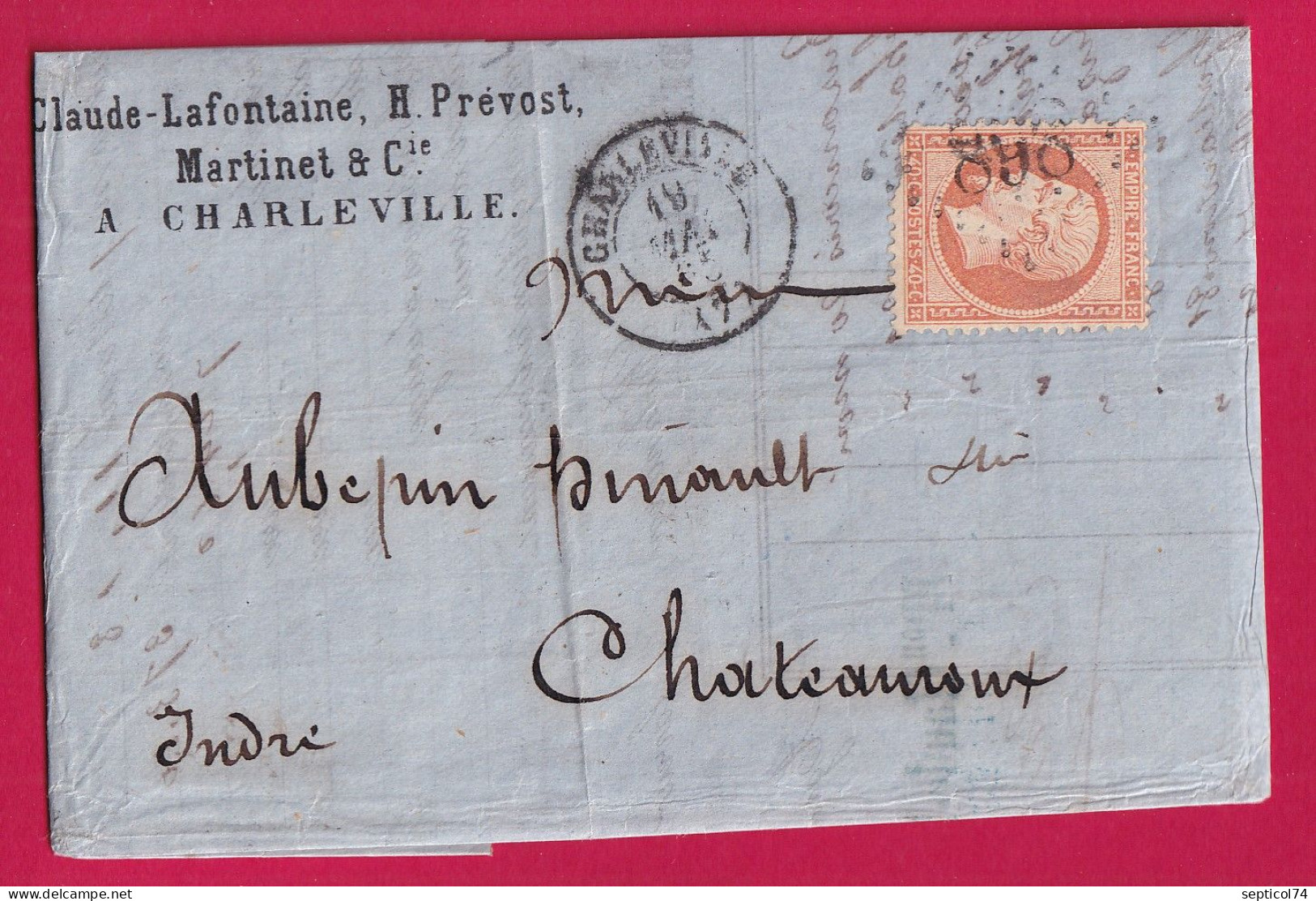 N°23 GC 898 CHARLEVILLE ARDENNES BANQUE LAFONTAINE POUR CHATEAUROUX INDRE LETTRE - 1849-1876: Classic Period