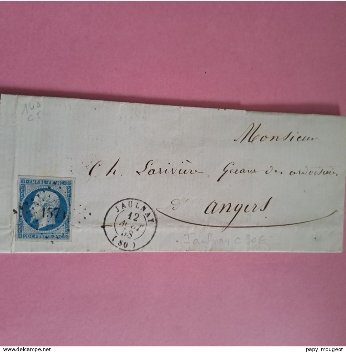 N°14A 20 C. Bleu PC 1574 Jaulnay Cote 2024 30€ Sur Lettre Pour Angers - 1853-1860 Napoleon III