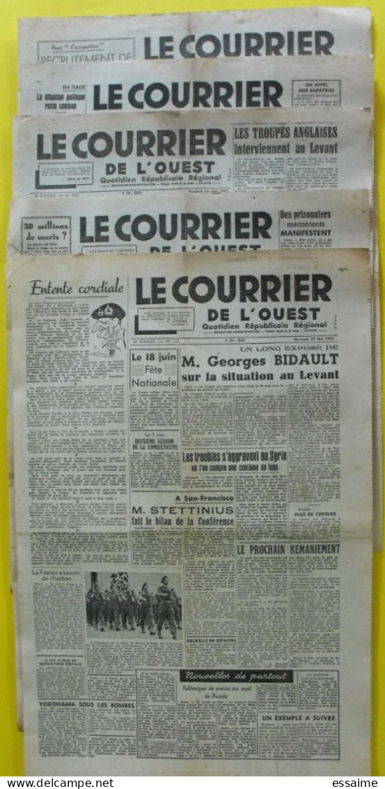 5 N° Journal Le Courrier De L'Ouest De Mai-juin 1945. Syrie Bidault Degrelle Japon De Gaulle Chine Streicher épuration - Guerra 1939-45