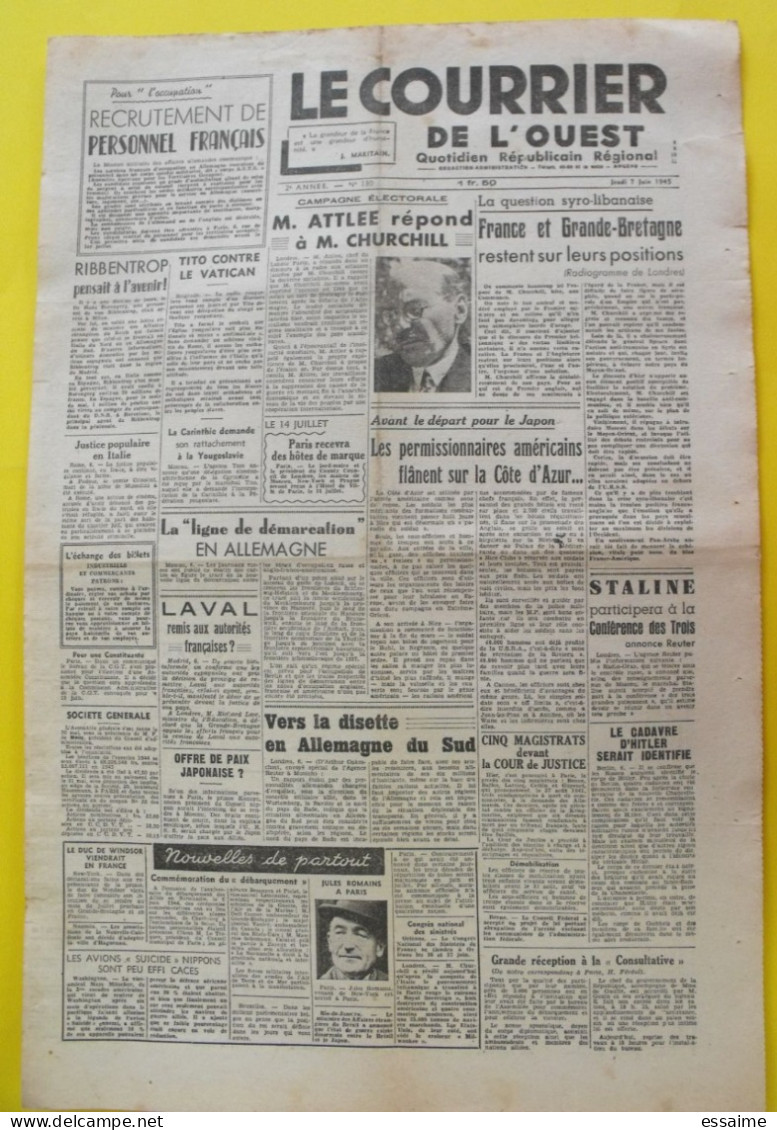 5 N° Journal Le Courrier De L'Ouest De Mai-juin 1945. Syrie Bidault Degrelle Japon De Gaulle Chine Streicher épuration - Guerre 1939-45