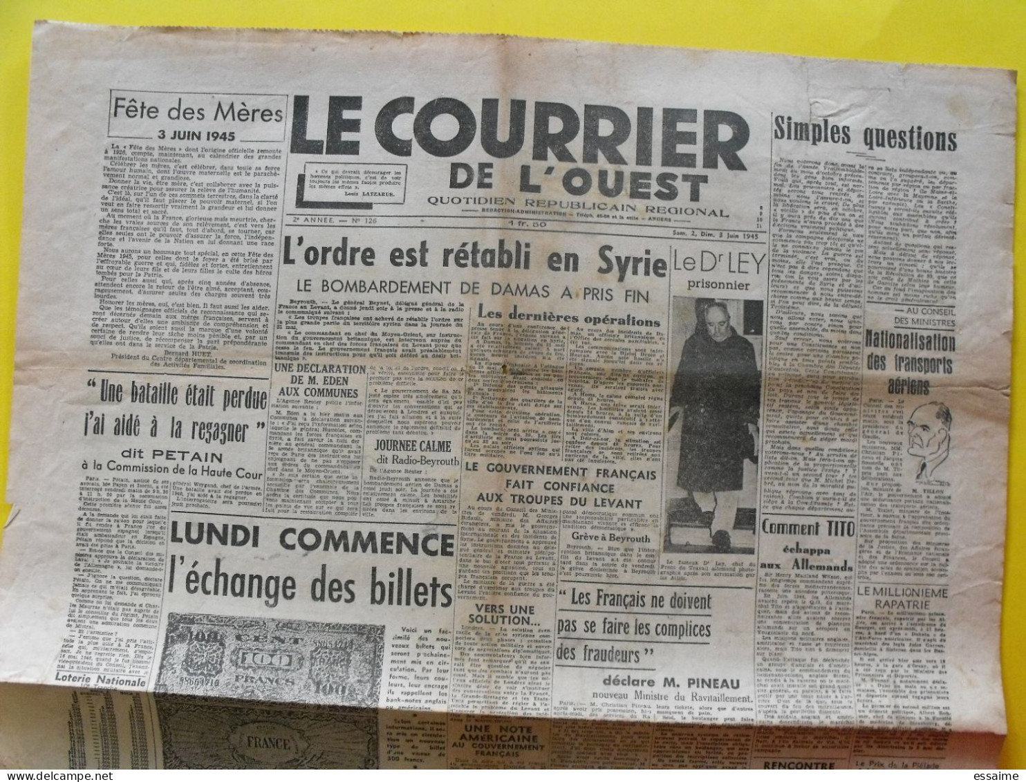 Journal Le Courrier De L'Ouest N° 126 Du 2-3 Juin 1945. Syrie Ley Tito Pineau Pétain épuration Vercors Julitte - Guerre 1939-45
