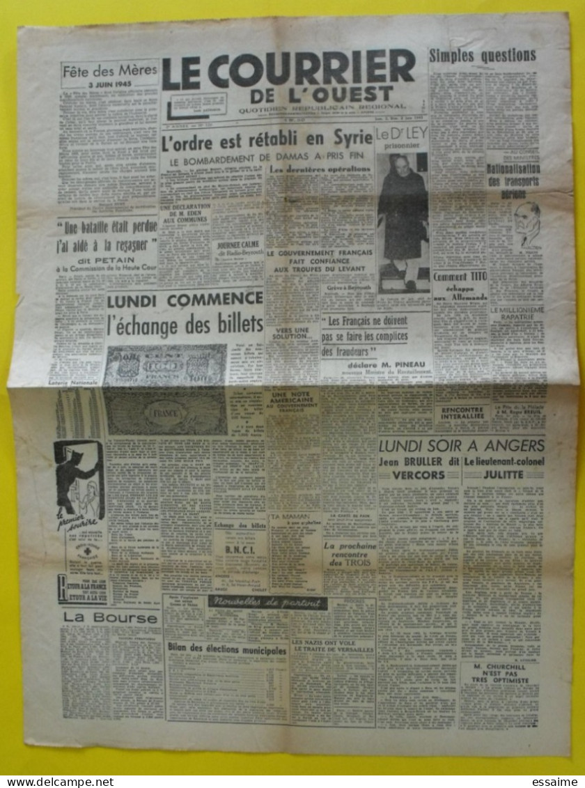 Journal Le Courrier De L'Ouest N° 126 Du 2-3 Juin 1945. Syrie Ley Tito Pineau Pétain épuration Vercors Julitte - Guerre 1939-45