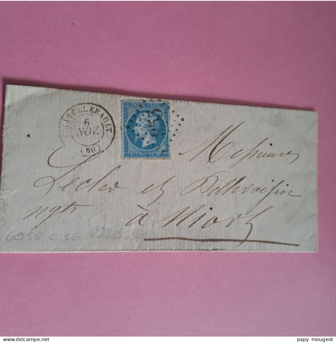 N°22 20 C. Bleu GC 955 Châtellerault Sur Lettre Pour Niort 6-11-1866 (cachet Dateur Sans Année) - 1862 Napoleon III