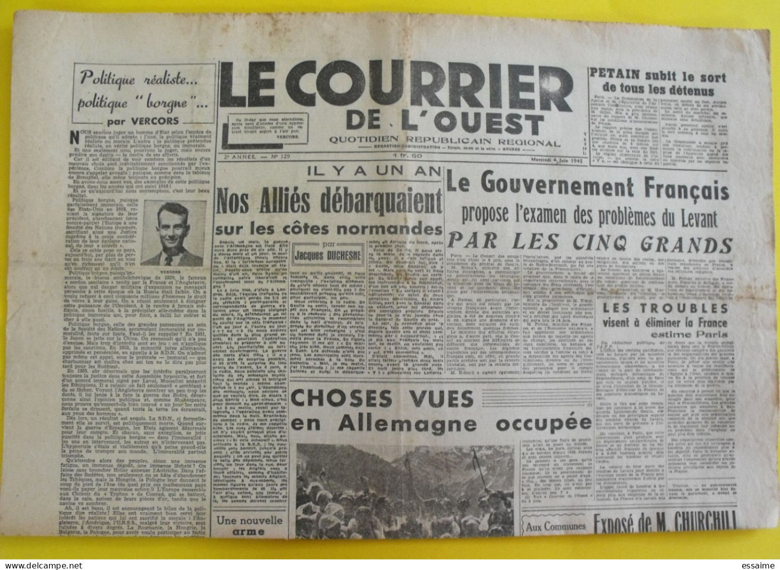 Journal Le Courrier De L'Ouest N° 129 Du 6 Juin 1945. Levant Syrie Pétain épuration Vercors Rapatriés Gouin - Guerra 1939-45