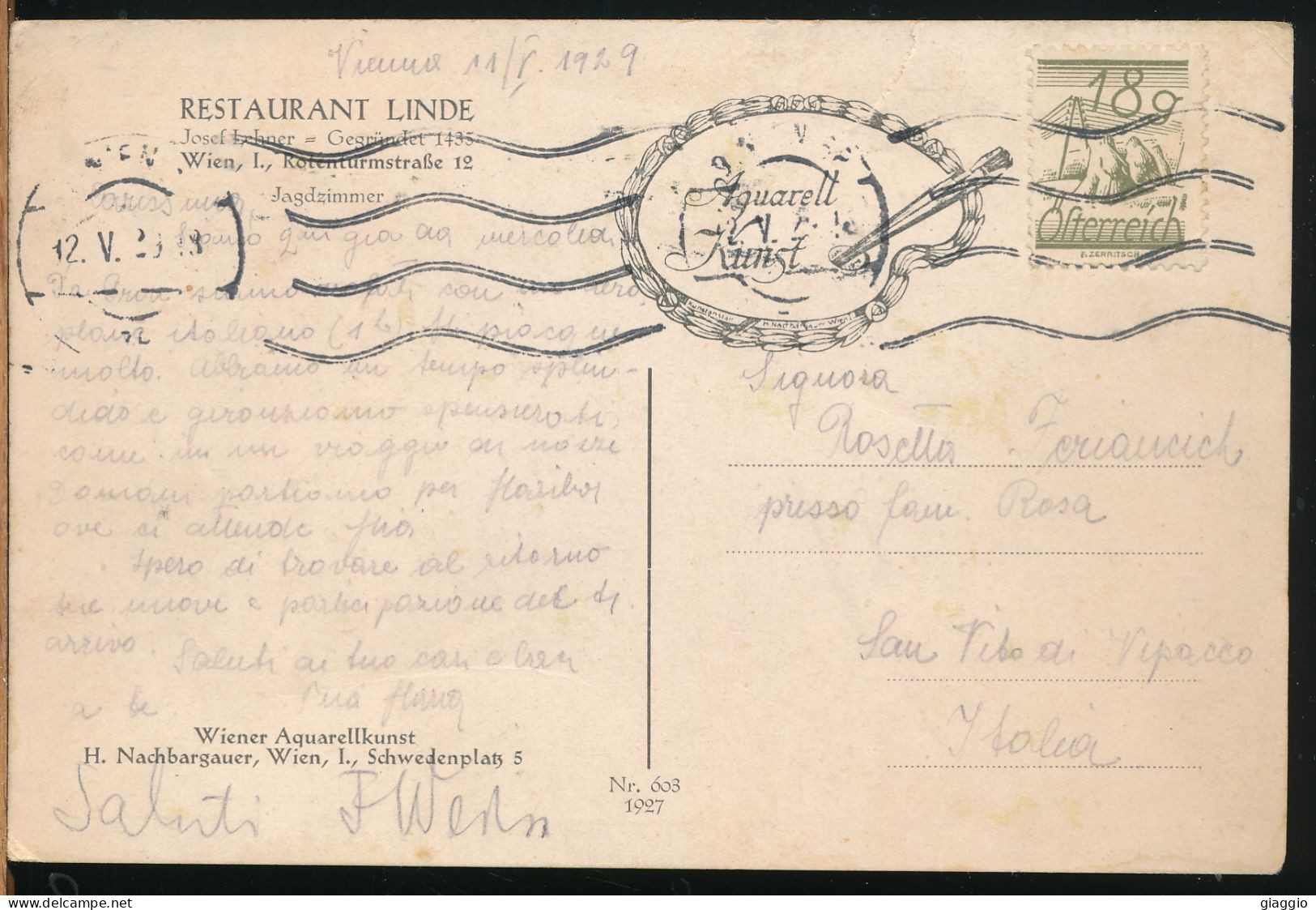 °°° 30927 - AUSTRIA - WIEN - RESTAURANT LINDE - 1929 With Stamps °°° - Autres & Non Classés