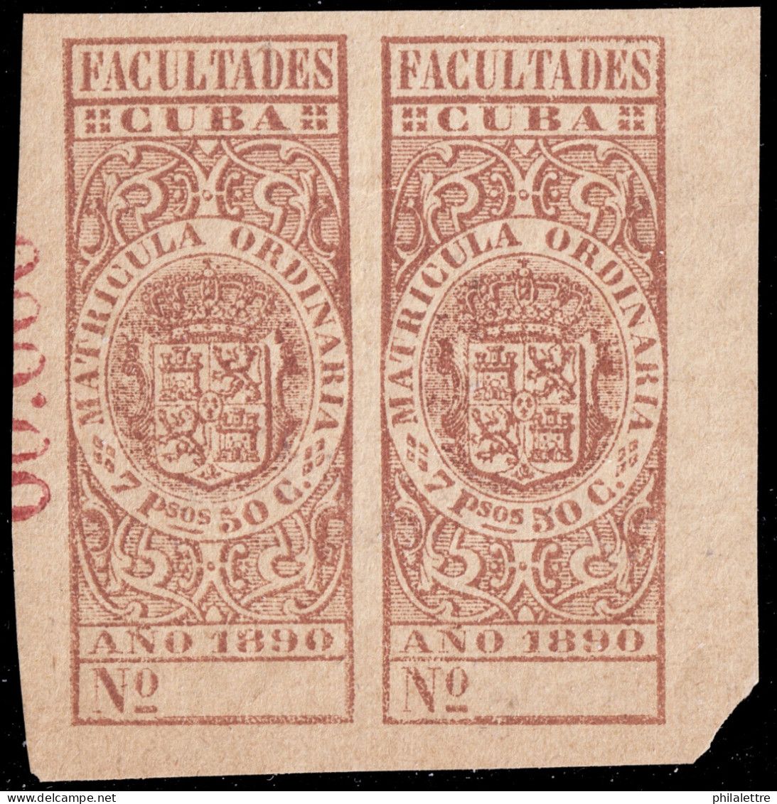 ESPAGNE / ESPANA - COLONIAS (Cuba) 1890 Matricula Ordinaria "FACULTADES" Fulcher 1059 2x 7P50 MUESTRA (00.000) - Nuevo** - Kuba (1874-1898)