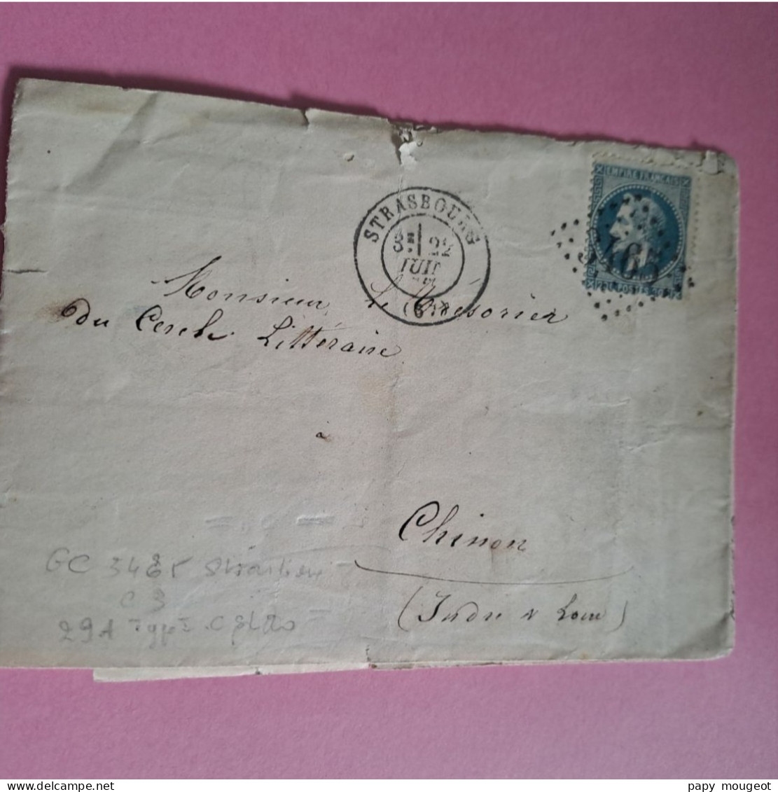 N°29A 20 C. Bleu Sur Lettre Cote 2024 20€ De Strasbourg Pour Chinon 22-07-1870 (état) - 1863-1870 Napoleon III Gelauwerd