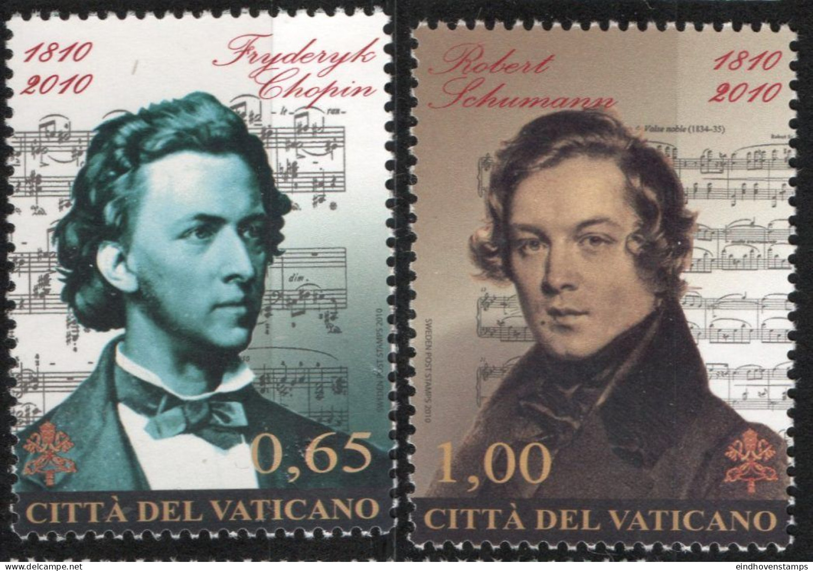 Vatican 2011 Chopin & Schumann Memorial 2 Values Composers, Piano Musician, Music Lines - Unused Stamps