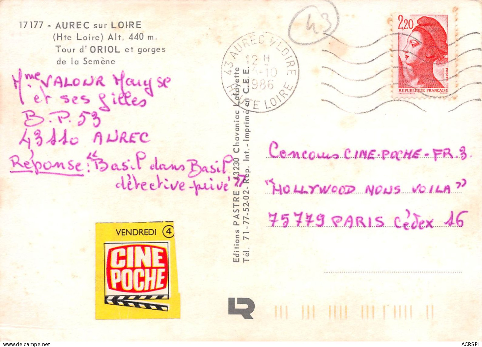 43   AUREC Sur LOIRE  La Tour D'Oriol  (Scan R/V) N°   60   \PB1121 - Le Puy En Velay