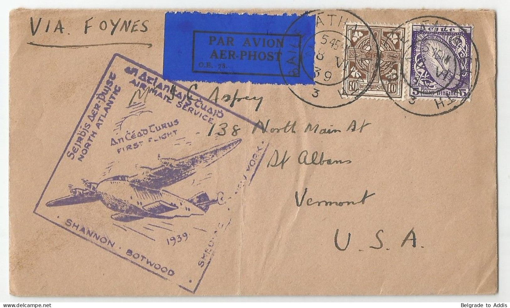 Ireland Eire USA First Flight Cover Air Mail Shannon - Botwood - Shediac - New York 1939 Via Foynes - Poste Aérienne