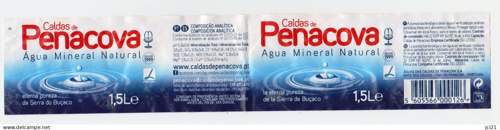 Étiquette D'eau Minérale 1,5L Portugal " PENACOVA "  _Ee082 - Altri & Non Classificati