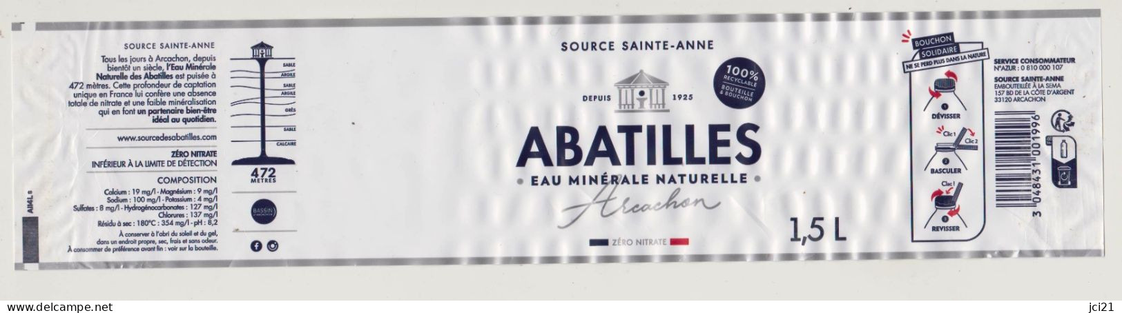 Étiquette D'eau Minérale 1,5L " ABATILLES " Source Ste Anne Arcachon _Ee75 - Autres & Non Classés