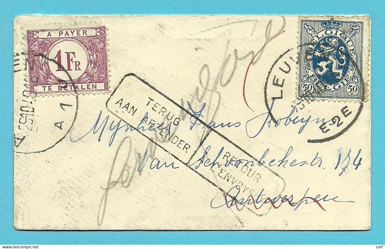 285 Op Naamkaartomslag (carte-visite) Stempel LEUVEN ,getaxeerd (Taxe) TX 43 ANTWERPEN ,REFUSE + RETOUR... - 1929-1937 Leone Araldico