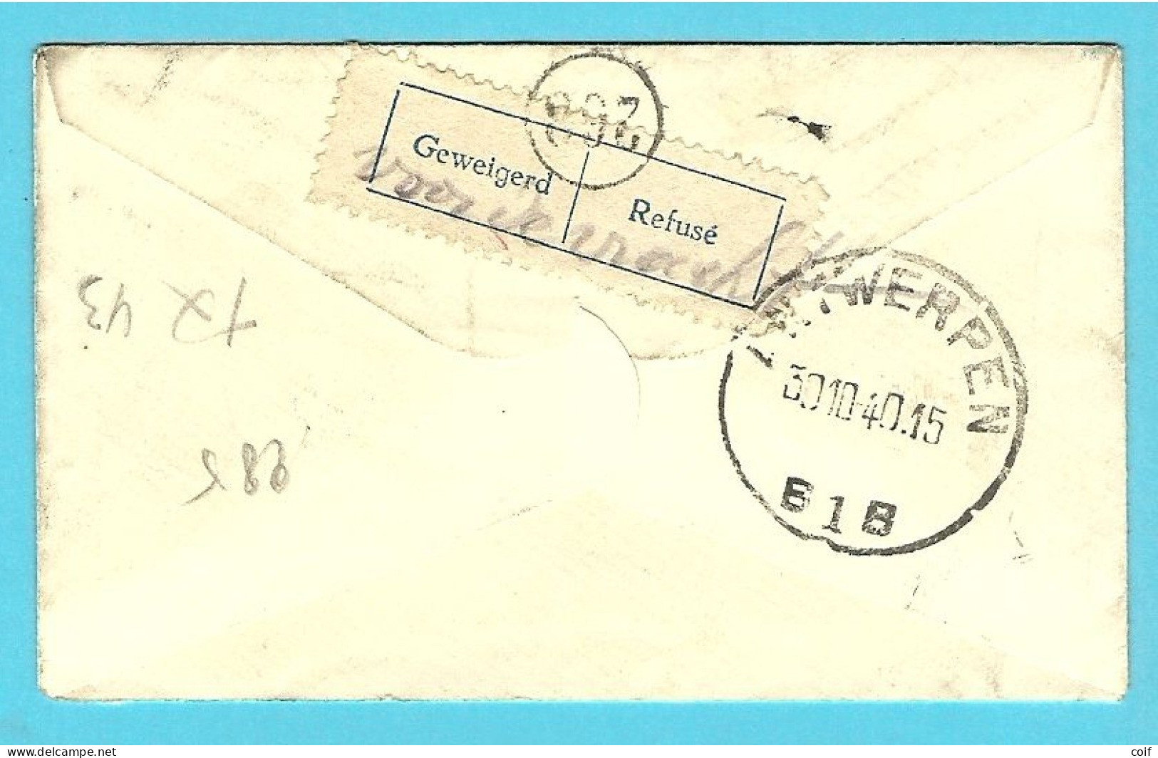 285 Op Naamkaartomslag (carte-visite) Stempel LEUVEN ,getaxeerd (Taxe) TX 43 ANTWERPEN ,REFUSE + RETOUR... - 1929-1937 León Heráldico