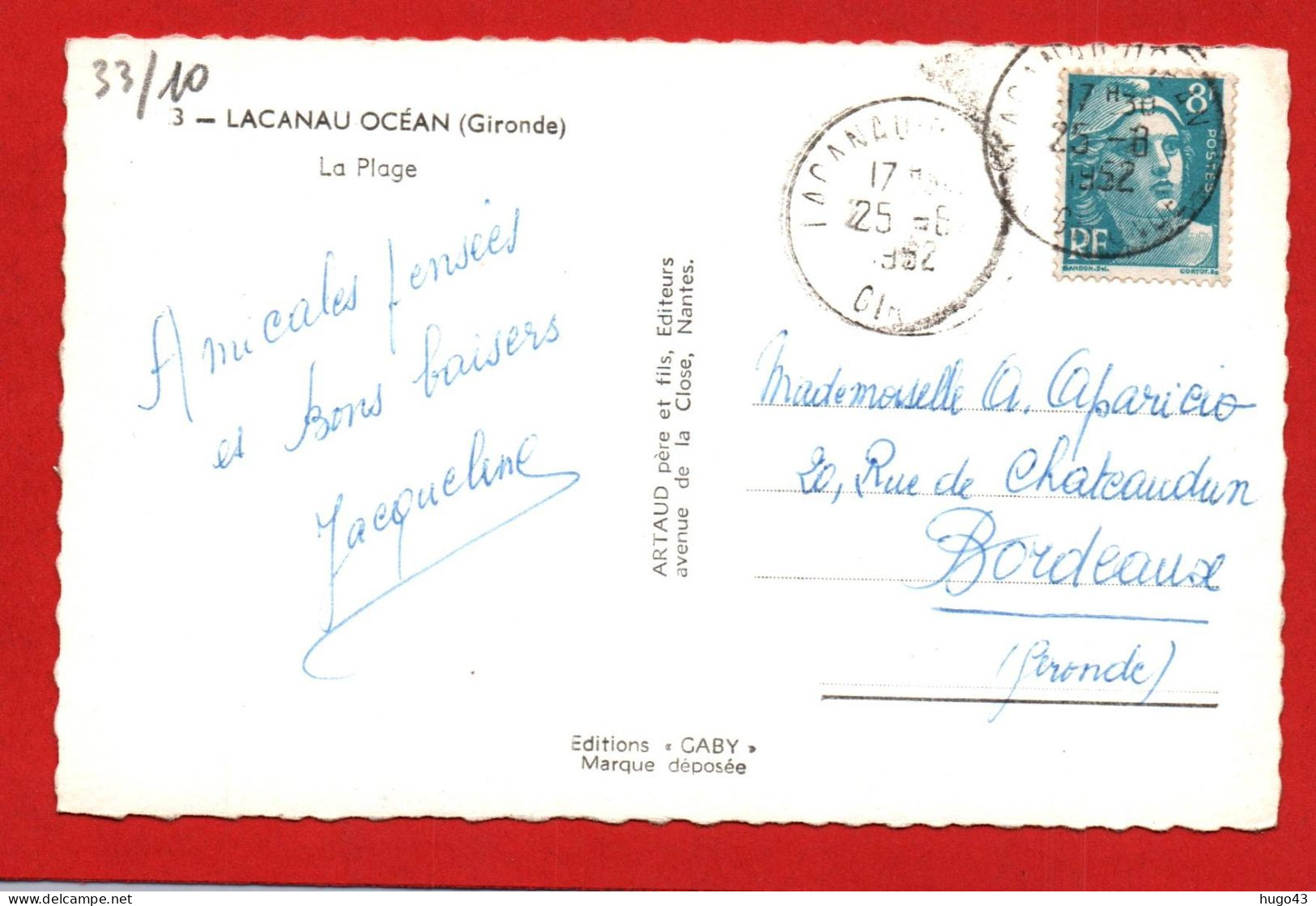 (RECTO / VERSO) LACANAU OCEAN - N° 3 - LA PLAGE EN 1952 - Ed. GABY - FORMAT CPA - Other & Unclassified